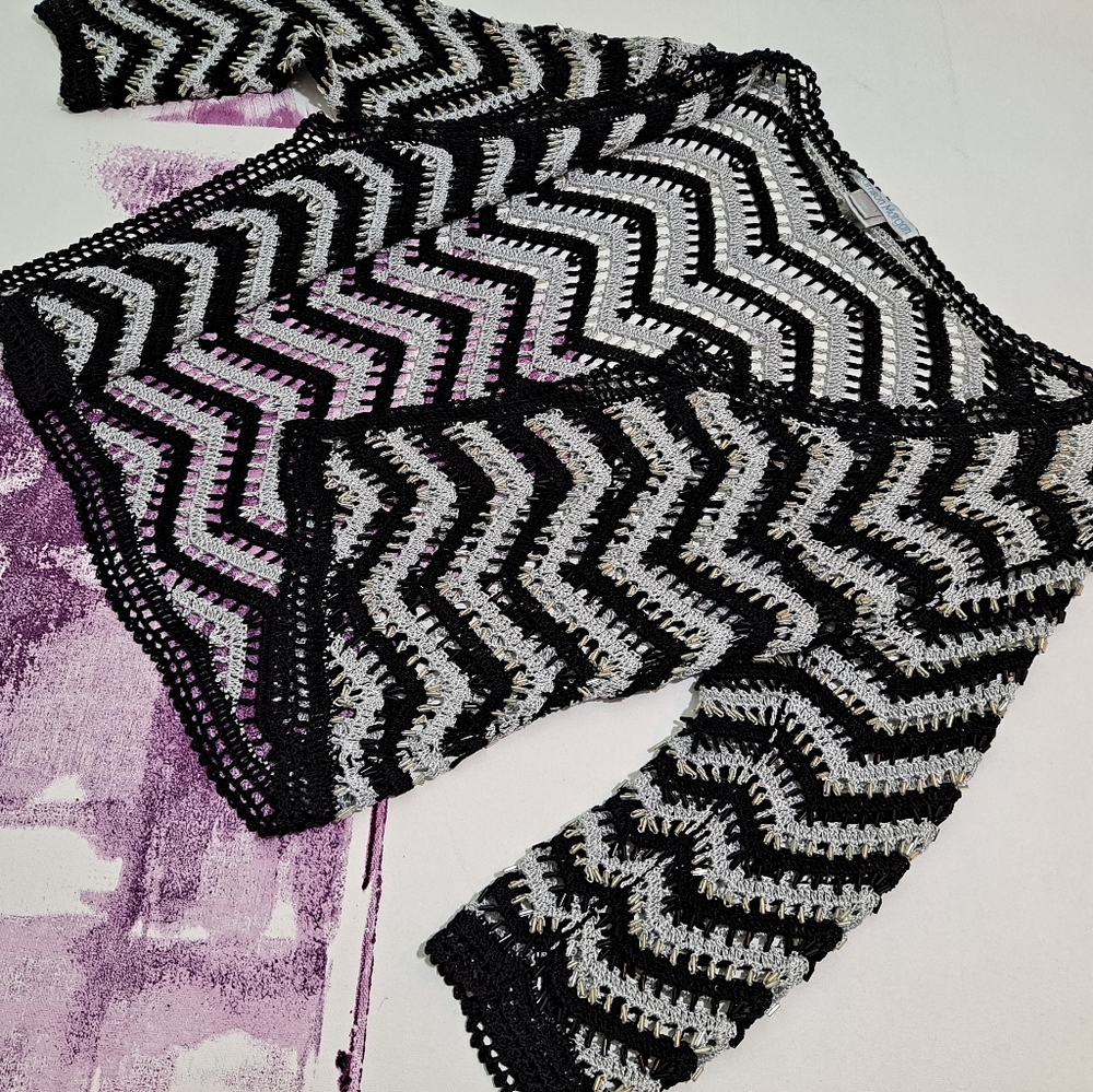 Beaded crocheted cardigan jacket with silver clear black
